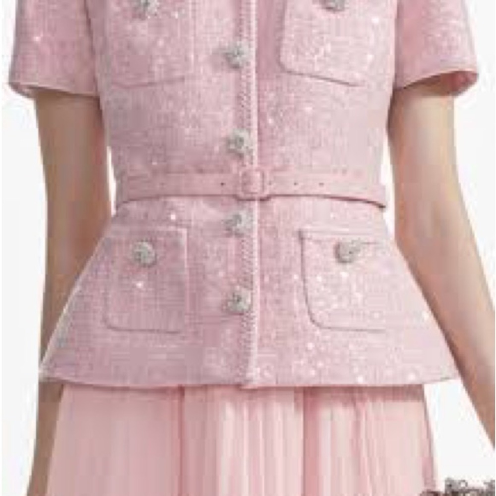 Self-Portrait Pink Tweed Short-Sleeve Jacket with Belt Detail